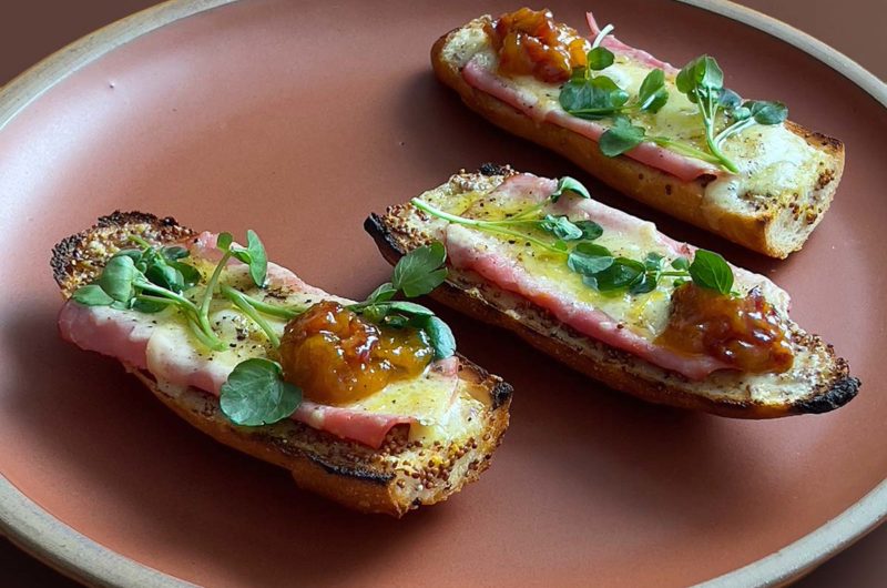 Baguettes with Mango Bacon Jam. Gruyere and Watercress