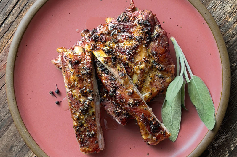 St. Louis-Style Pork Ribs with Fresh Sage, Orange Zest, and Cubeb