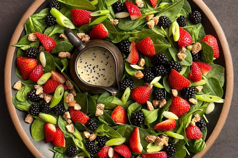 Spinach Berry Salad with Buttermilk Dressing and Candied Juniper Almonds