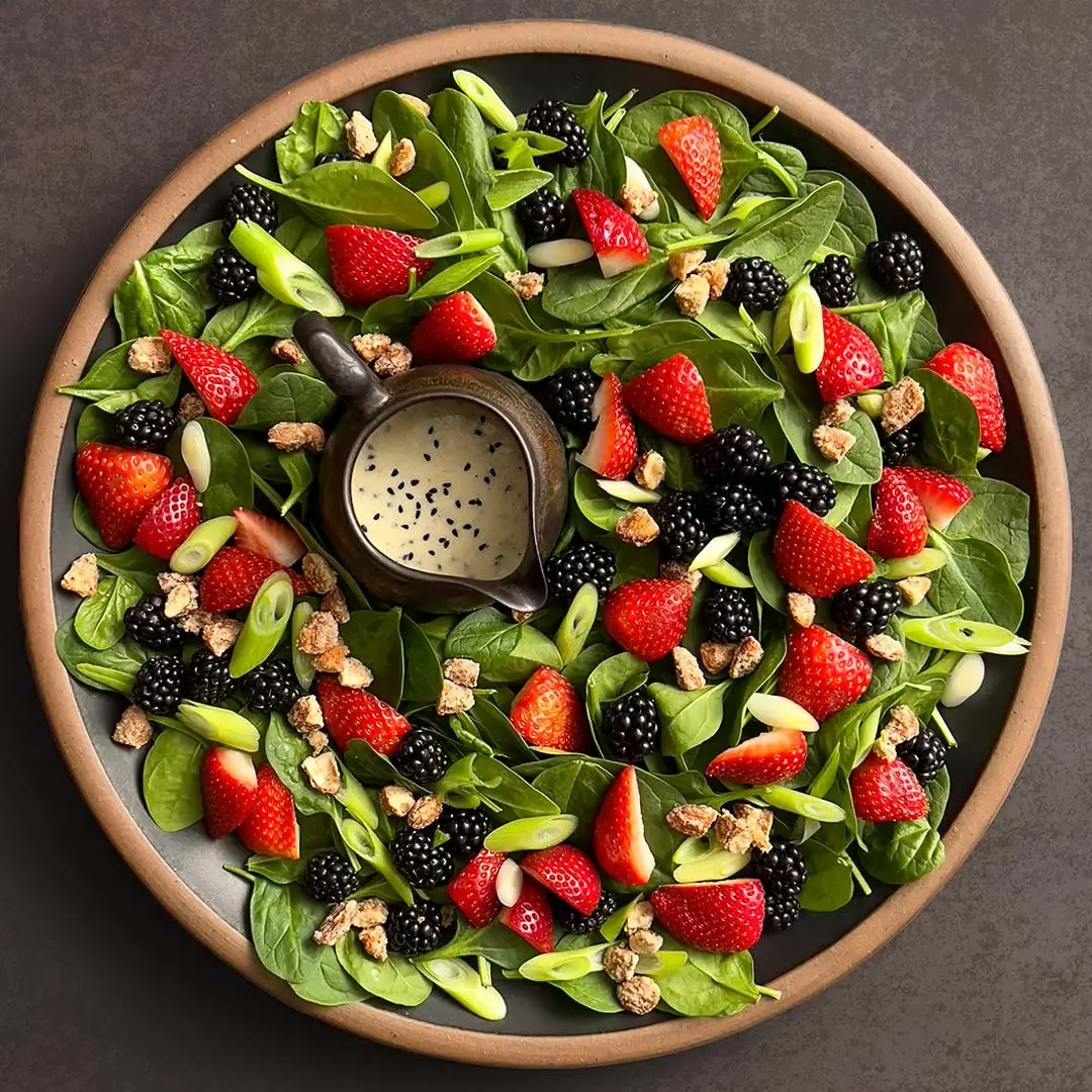 Spinach Berry Salad with Buttermilk Dressing and Candied Juniper Almonds