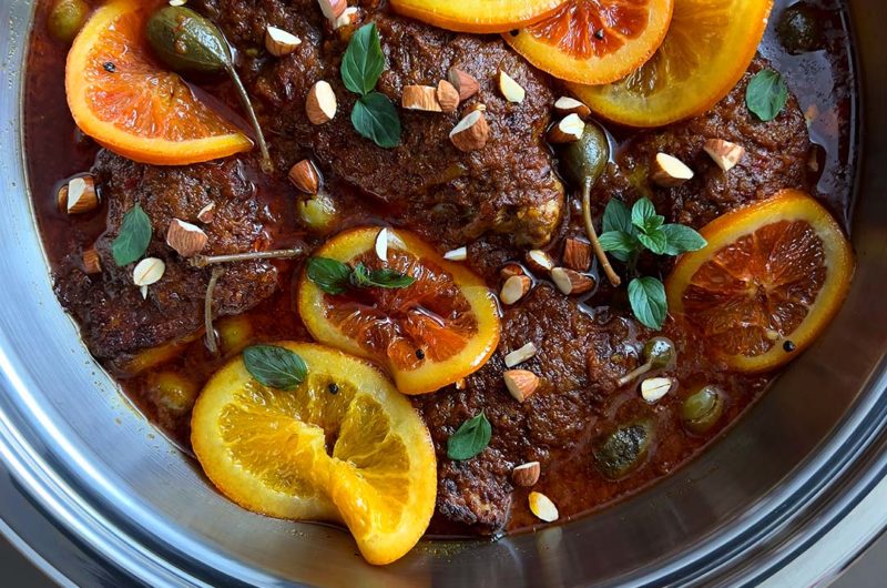 Tagine-Inspired Chicken with Oranges, Olives, Caper Berries, and Dates