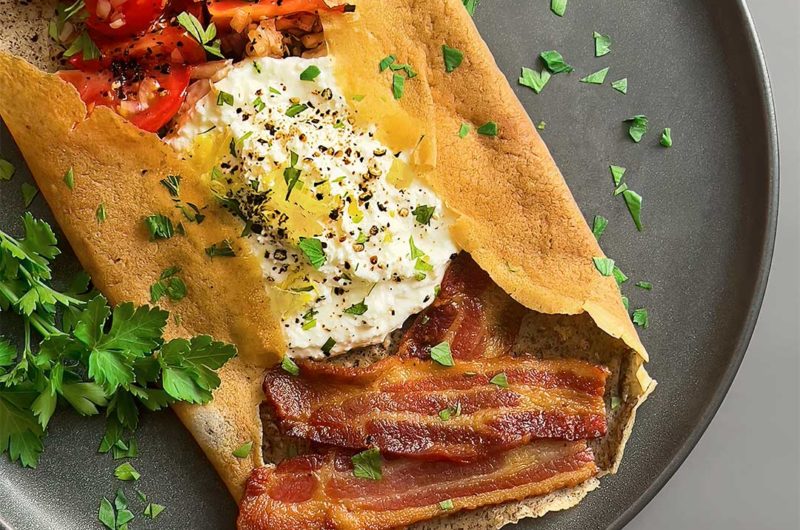 Buckwheat Crepes with Tomato Salad, Ricotta and Bacon