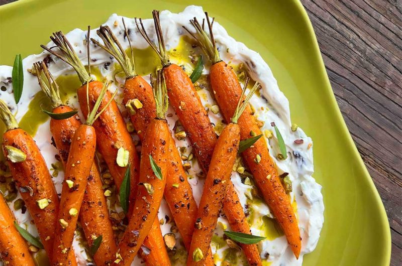 Roasted Carrots with Sour Cherry Yogurt and Toasted Pistachio Oil
