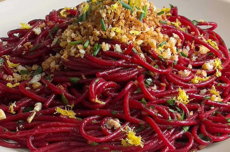 Scarlet Spaghetti with Anchovies, Walnuts, and Crispy Breadcrumbs