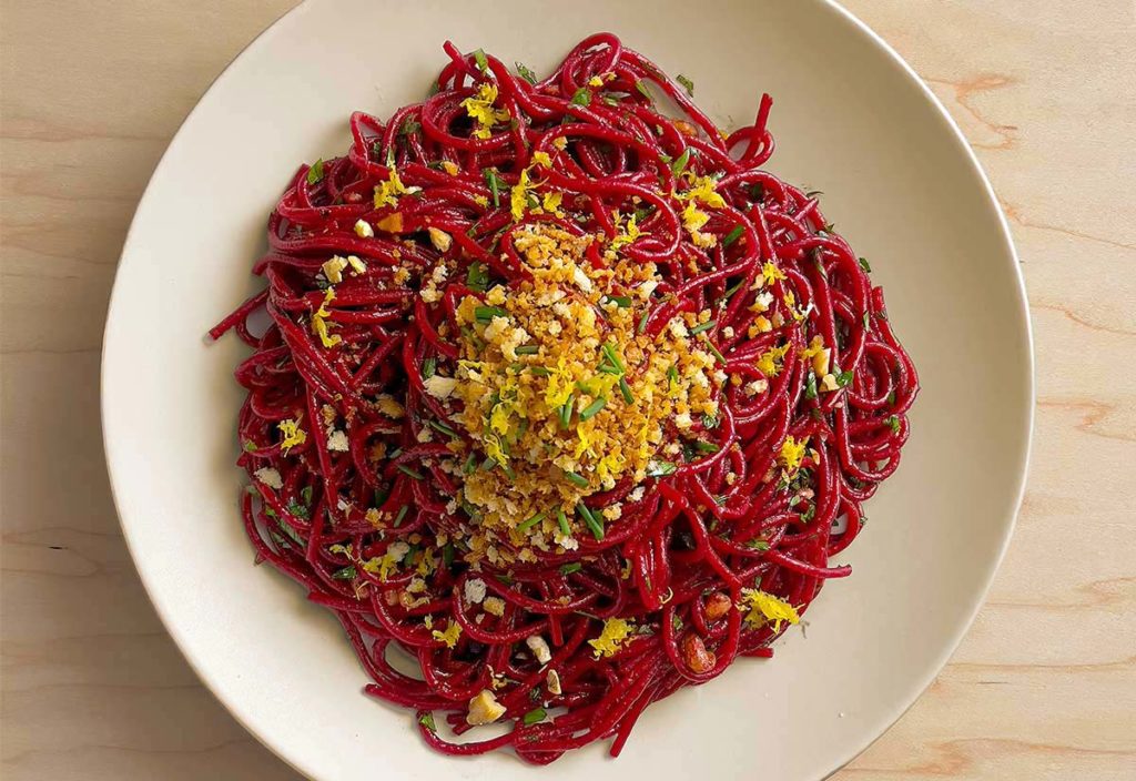 Aerial View of Scarlet Speghetti with Anchovies, Walnuts and Cripsy Breadcrumbs