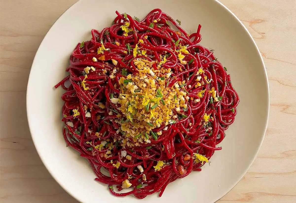 Aerial View of Scarlet Speghetti with Anchovies, Walnuts and Cripsy Breadcrumbs