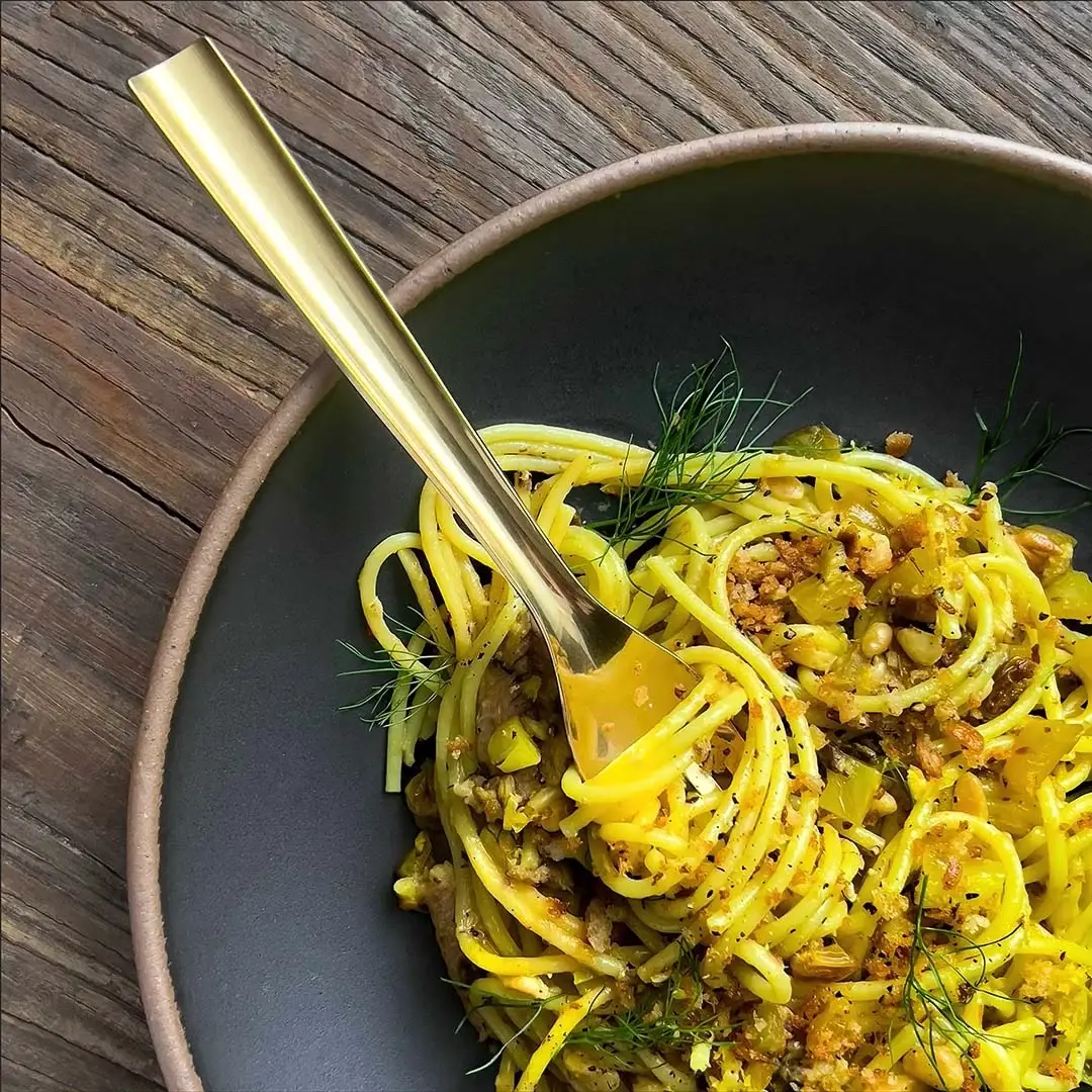 Spaghetti with Sardines, Fennel, Saffron, and Crispy Breadcrumbs