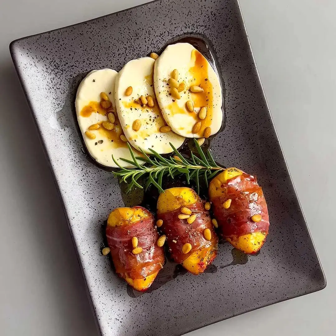 Prosciutto Wrapped Roasted Peaches and Fresh Mozzarella