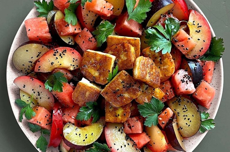Plum and Watermelon Salad with Fried Halloumi