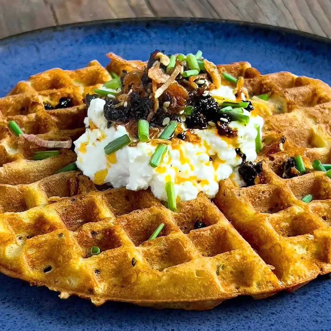 Savory Waffles with Ricotta and Chili Crisp