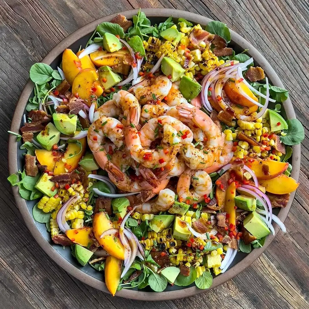 Shrimp Salad with Charred Corn, Peaches, and Avocado