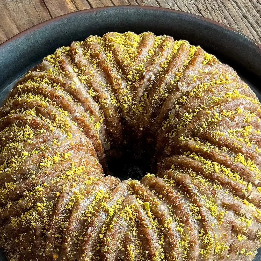 Pistachio Olive Oil Cake with Crackle Glaze