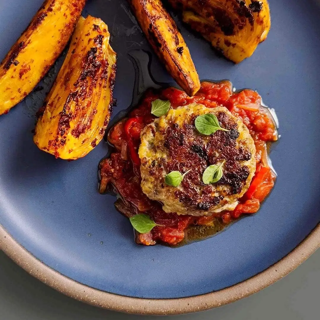 Pork Patties with 'Nduja Roasted Fennel and Potato Wedges