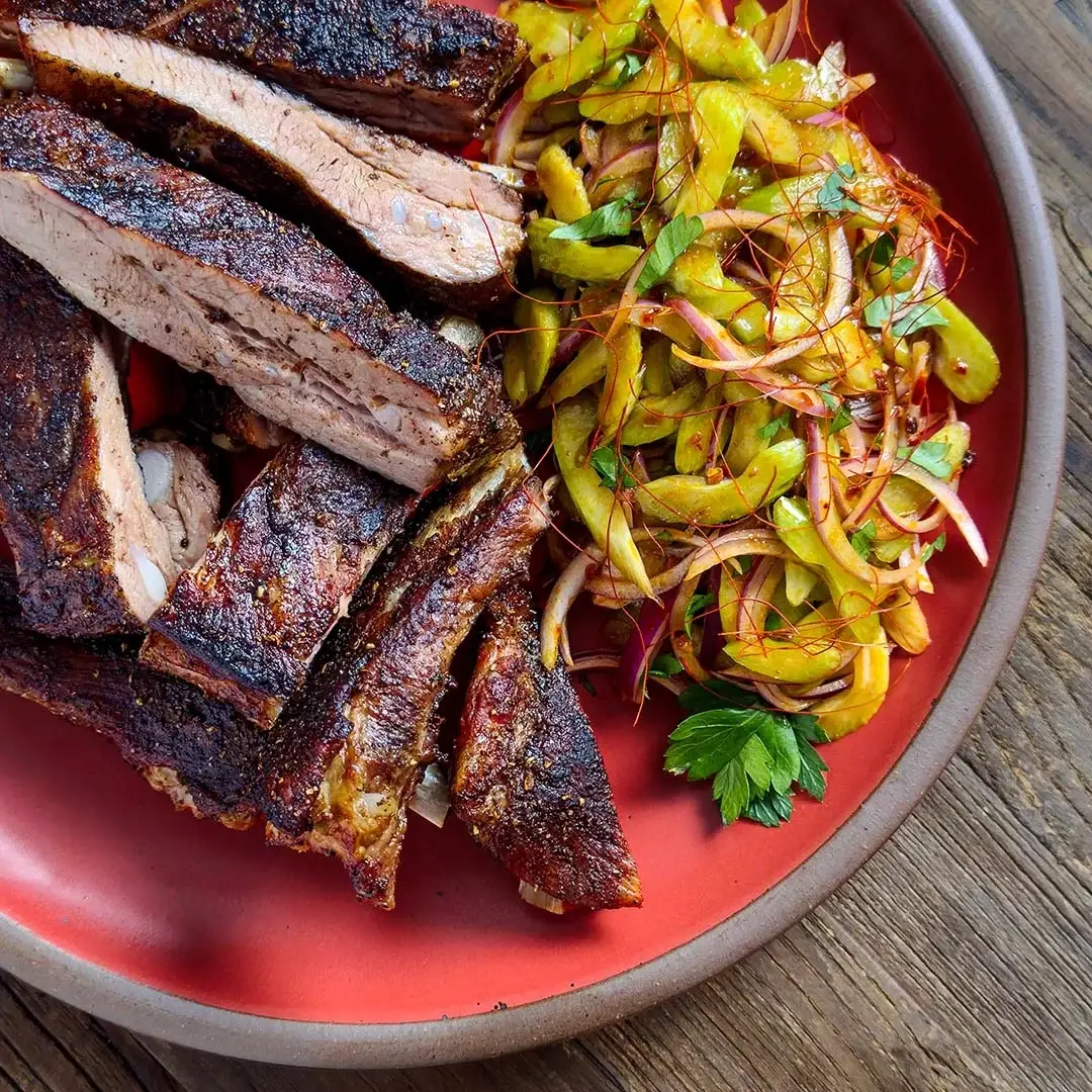 Ribs with Black Lime/Sichuan Peppercorn Salt and Asian Celery Salad 