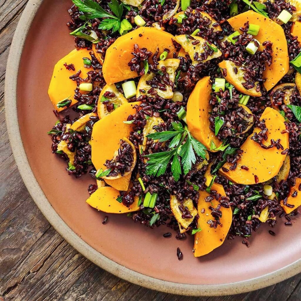 Black Rice Salad with Roasted Oranges, Lemons, and Butternut Squash