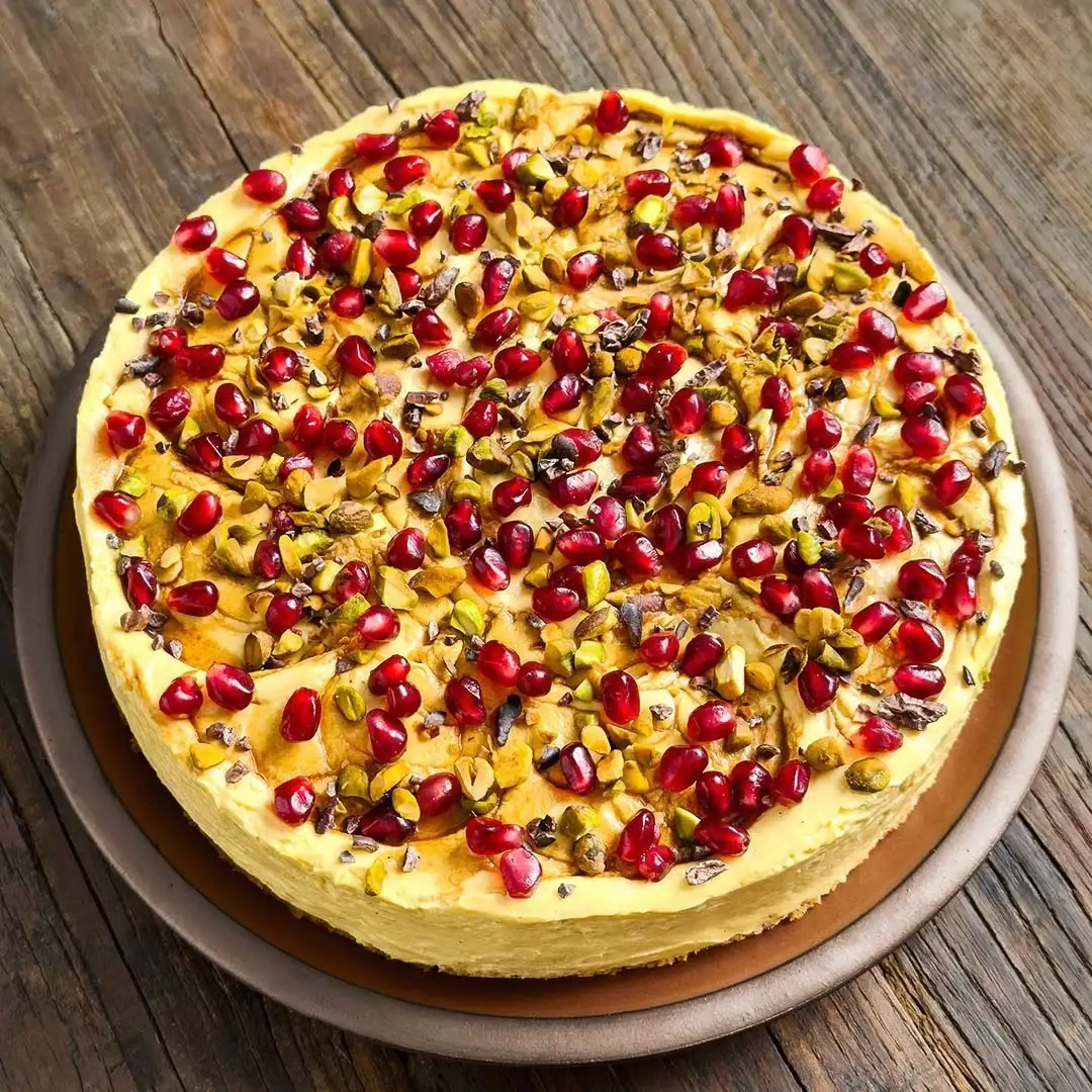 Tahini, Saffron, and Pomegranate Cheesecake