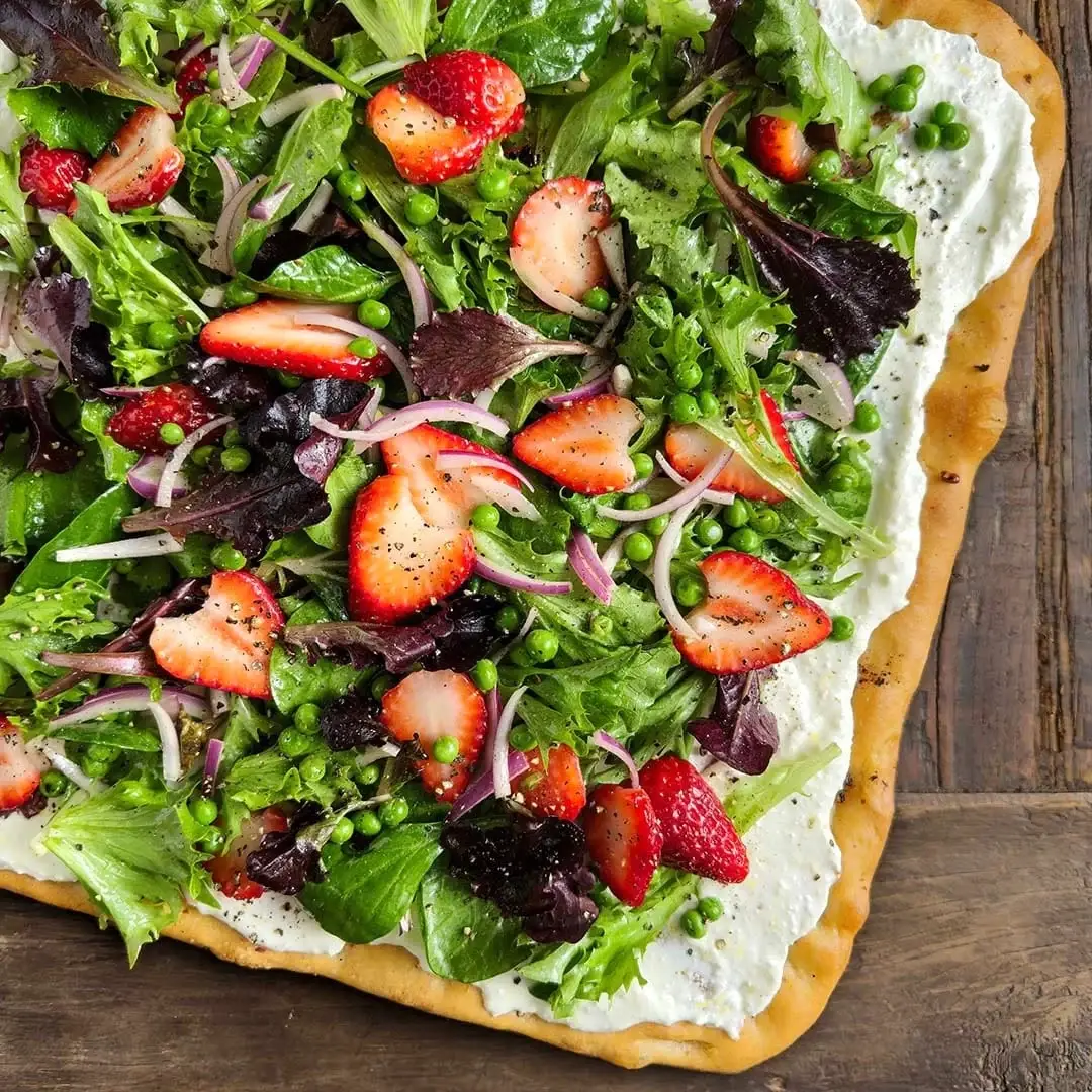 Focaccia/Pizza with Lemon Ricotta, Strawberries, and Peas