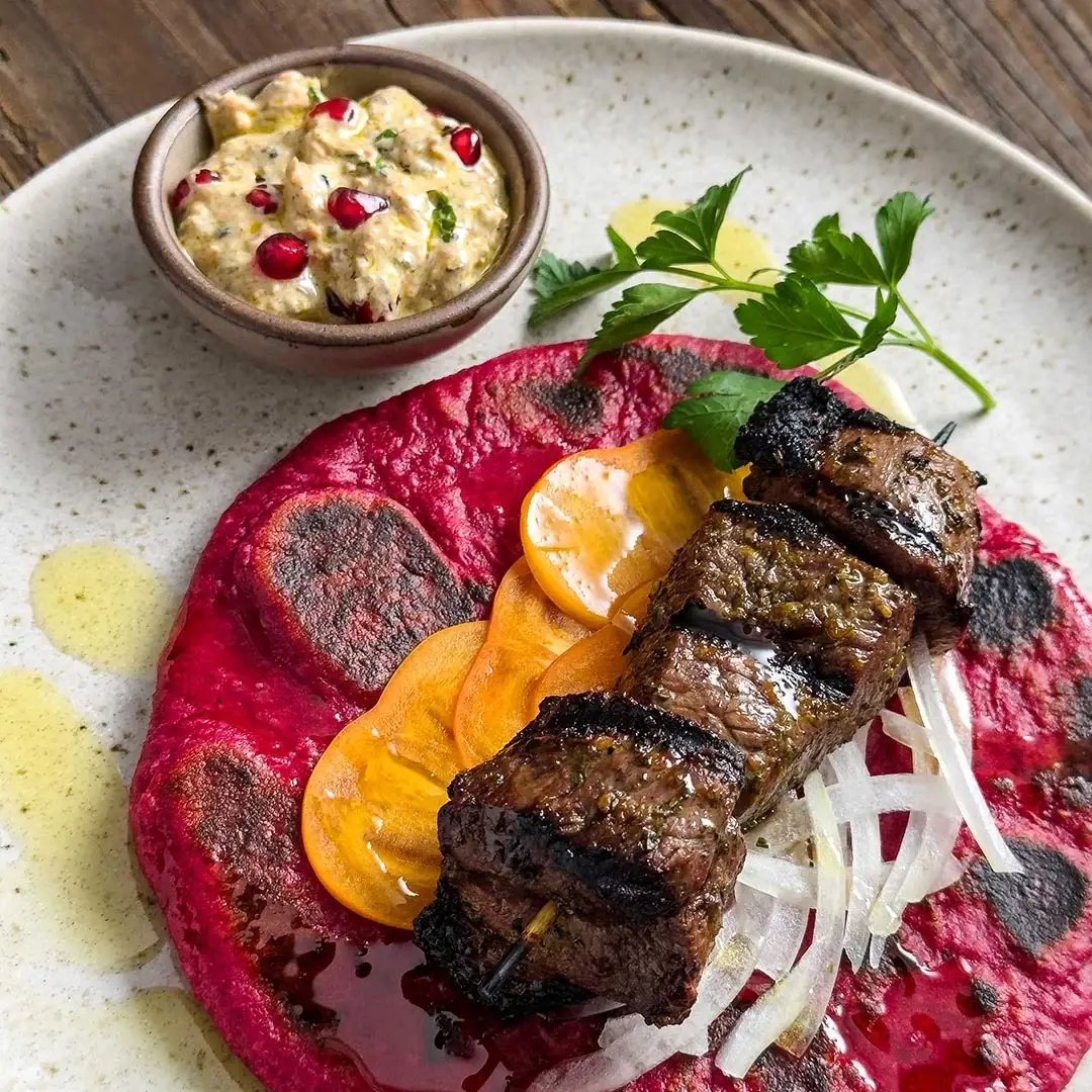Lamb Kebabs on Beet Flatbreads