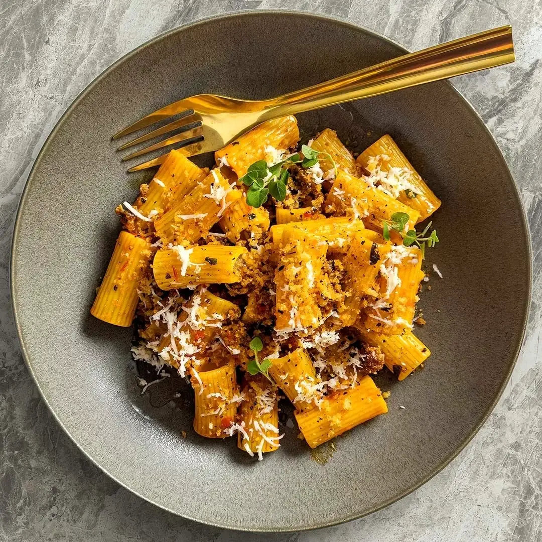 Rigatoni with Lamb, Harissa, and Halloumi