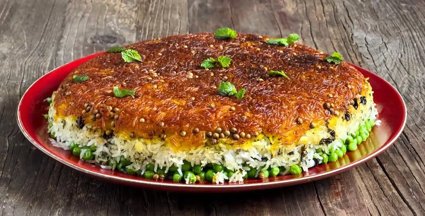 Tahdig with Barberries, Peas, and Mint