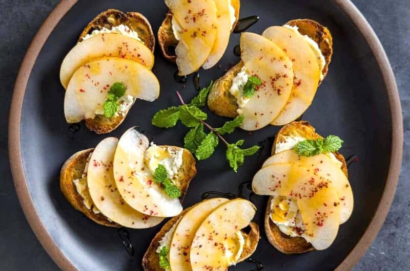 Goat Cheese Toasts with Korean Pear and Spicy Honey