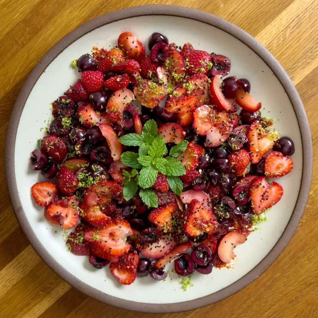 Red Fruit Salad with Lime and Chili Syrup