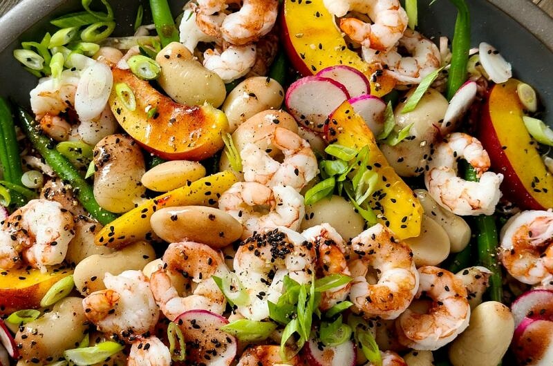 Shrimp, Bean, and Peach Salad with Chamoy Dressing