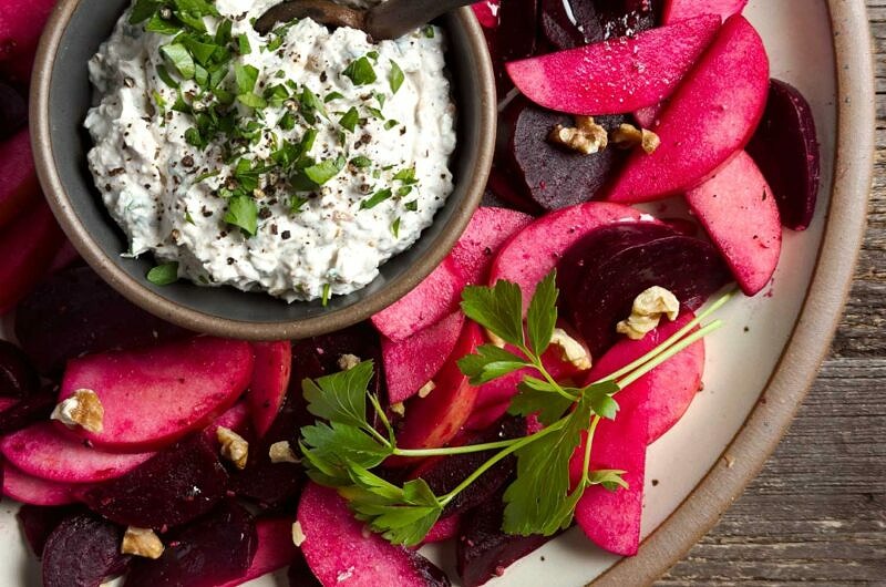 Beets and Apples with Horseradish Walnut Sauce