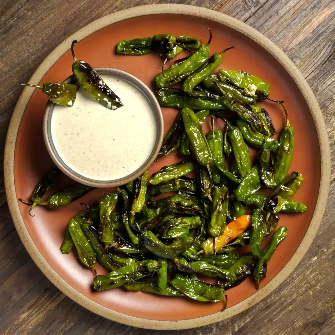 Charred Shishito Peppers with Anchovy Cream