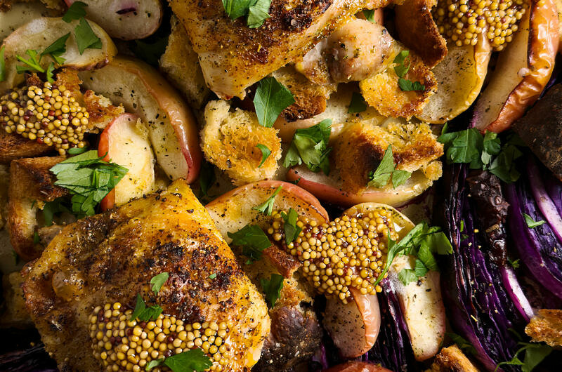 Sheet Pan Chicken, Apple, Cabbage, and Croutons