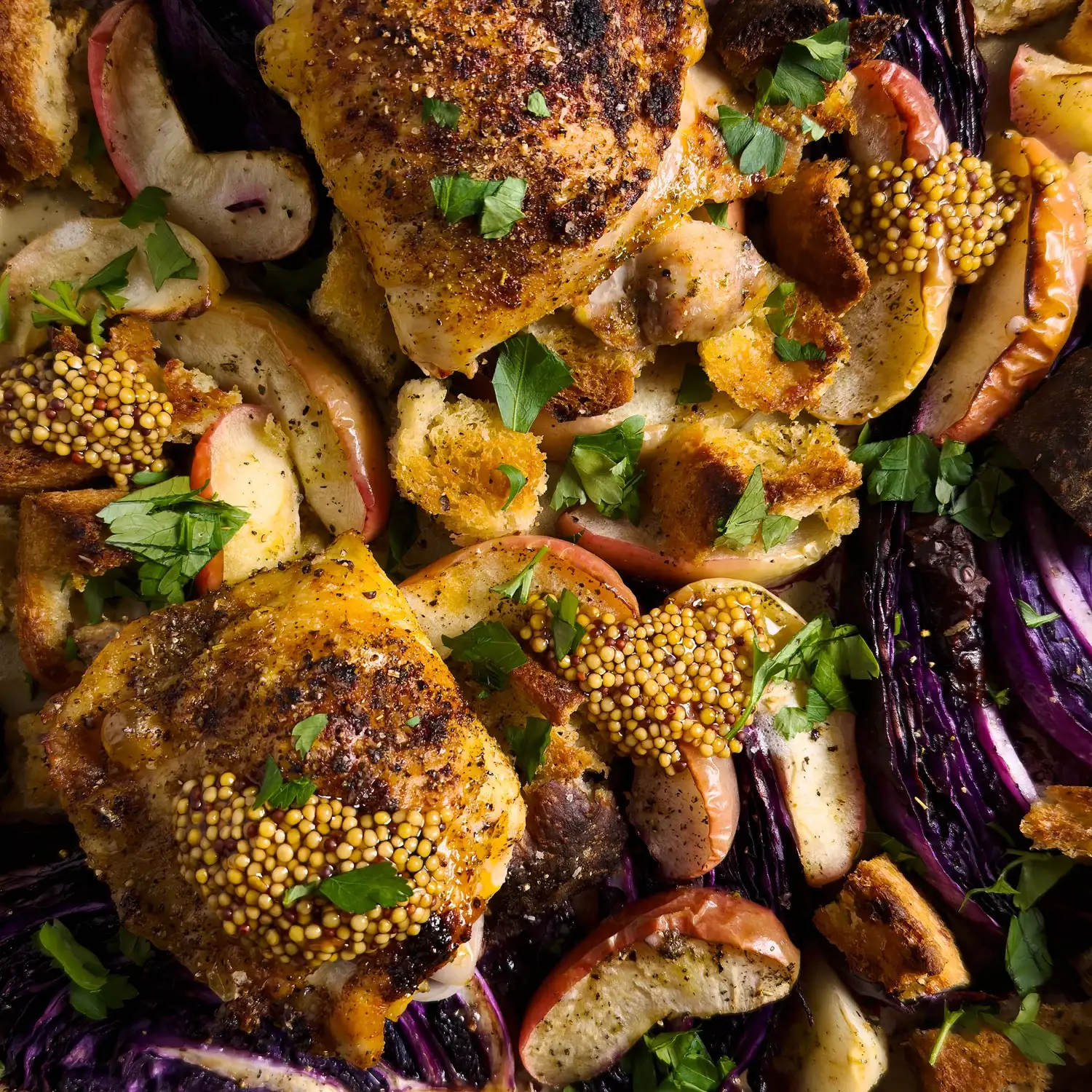 Sheet Pan Chicken, Apple, Cabbage, and Croutons