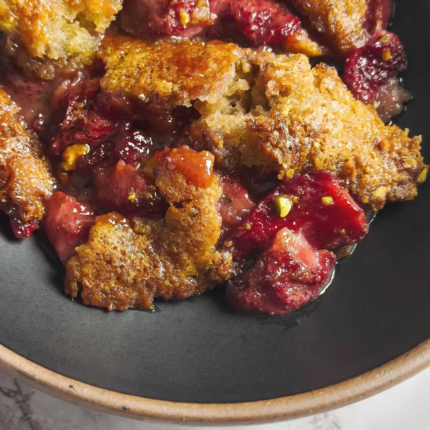 Roasted Strawberry and Pistachio Cobbler