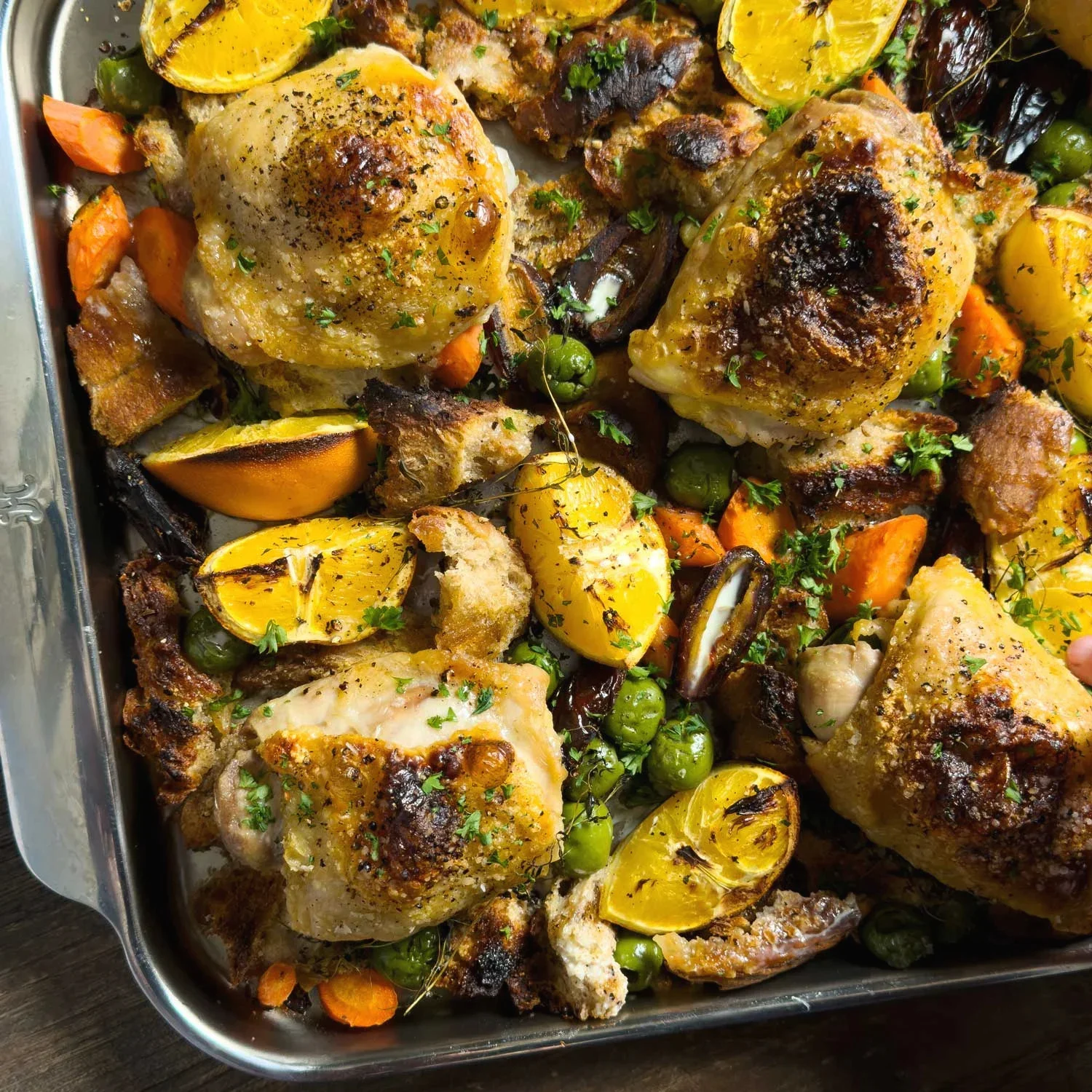 Chicken, Olive, Orange, and Rye Bread Tray Bake