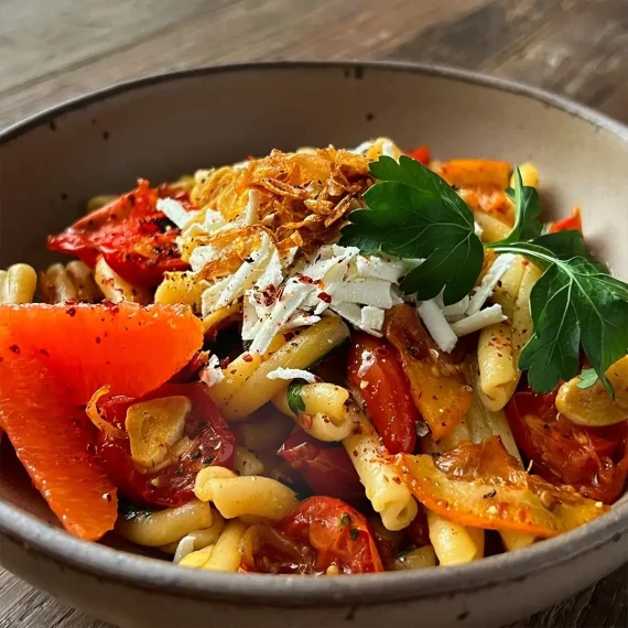 Casarecce with Roasted Tomatoes and Roasted Oranges