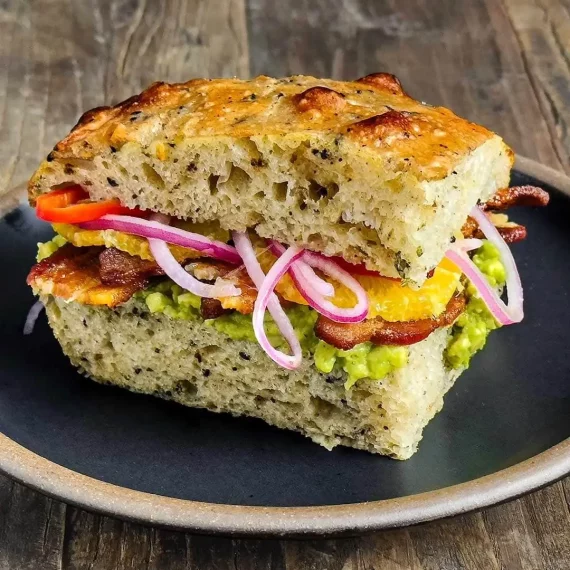 Bacon, Avocado, Pickled Onion and Sliced Orange Sandwich on Talami Bread