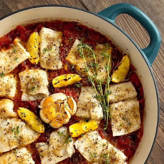 Barramundi in Roasted Tomato Sauce with Garlic and Lemon