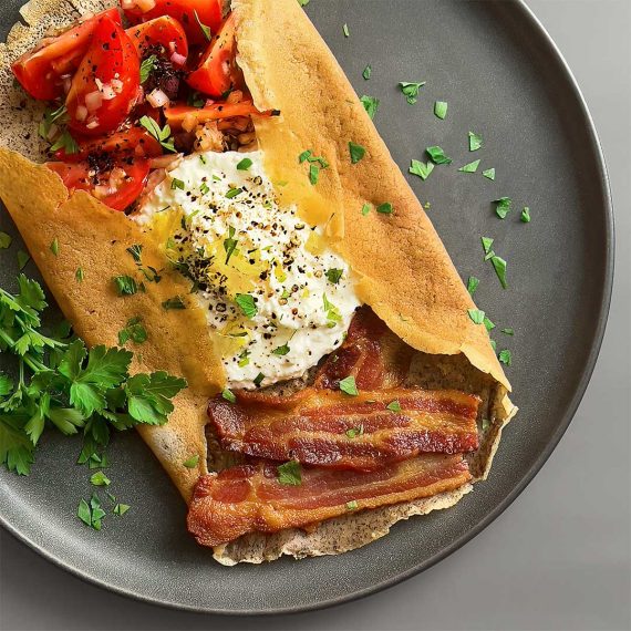 Buckwheat Crepes with Tomato Salad, Ricotta and Bacon