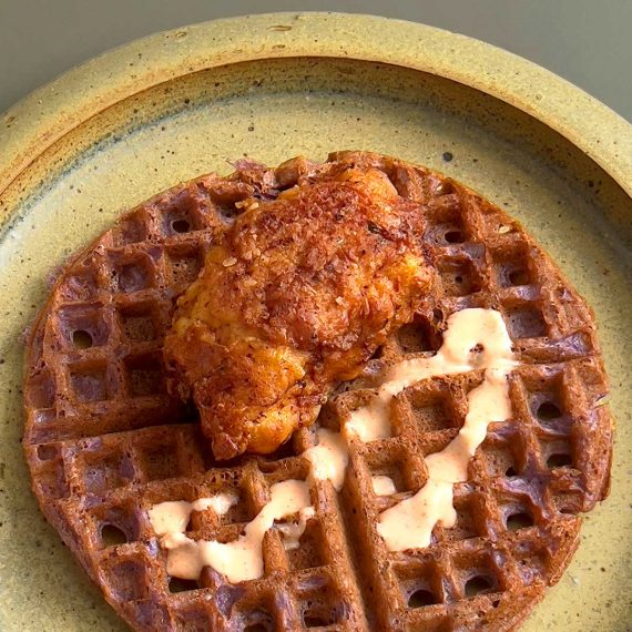Spicy Fried Chicken and Ube Waffles with Maple Chili Crème Fraîche
