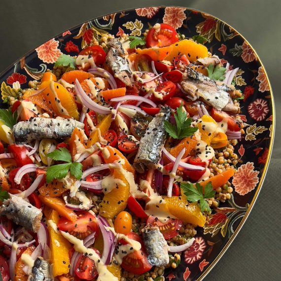 Fregola, Tomato, and Orange Salad with Tahini and Optional Sardines
