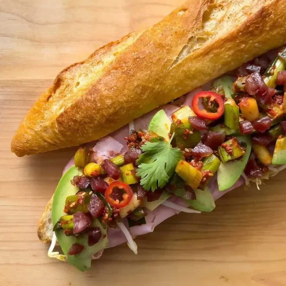 Ham Sandwich with Quick Scallion Kimchi and Chinese Sausage