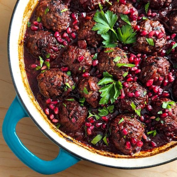 Lamb Meatballs in Beet and Pomegranate Sauce