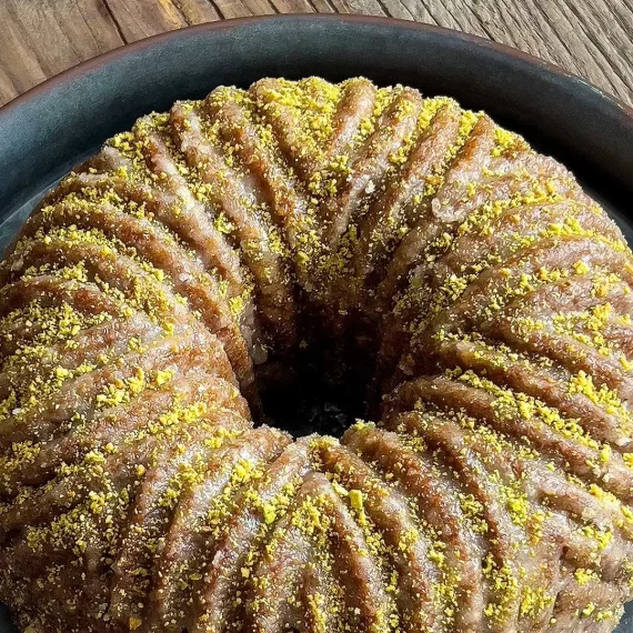 Pistachio Olive Oil Cake with Crackle Glaze