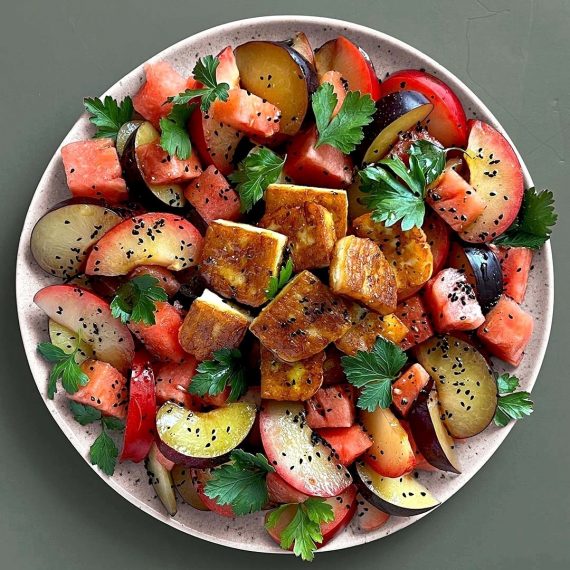 Plum and Watermelon Salad with Fried Halloumi