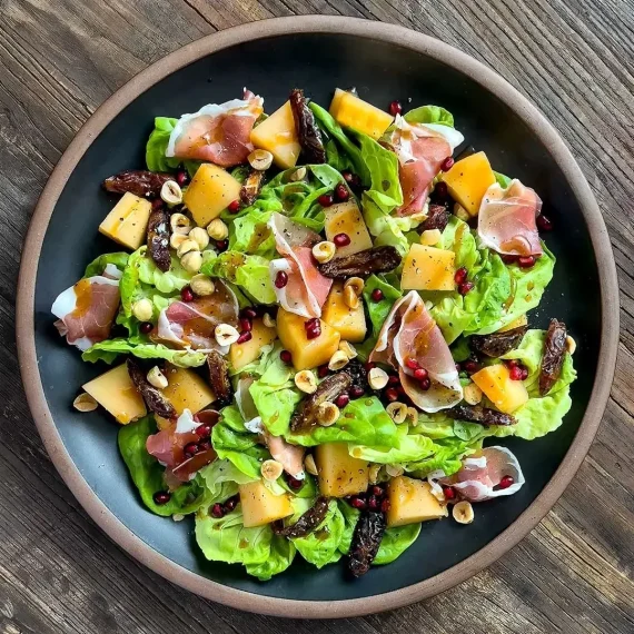 Hami Golden Melon, Prosciutto, and Pomegranate Salad