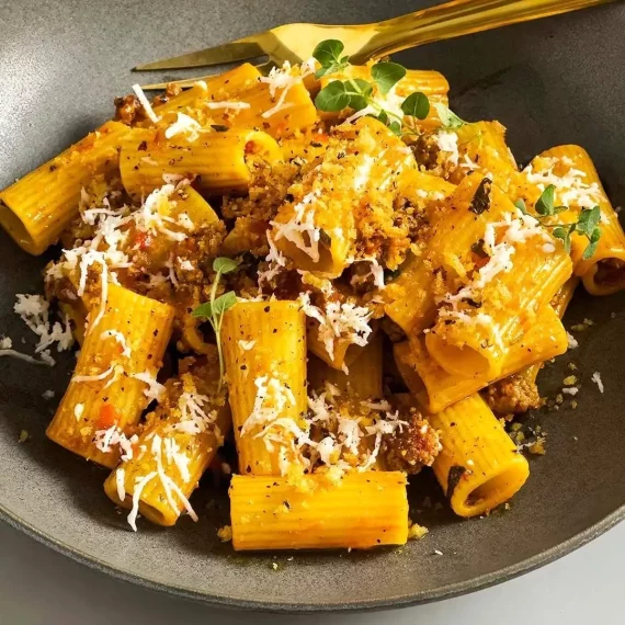Rigatoni with Lamb, Harissa, and Halloumi