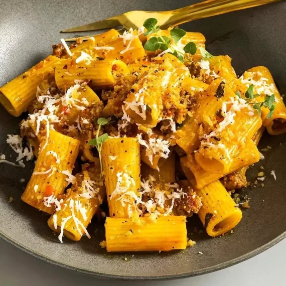 Rigatoni with Lamb, Harissa, and Halloumi