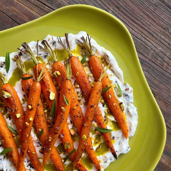 Roasted Carrots with Sour Cherry Yogurt and Toasted Pistachio Oil