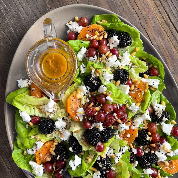 Roasted Grape, Blackberry, and Feta Salad with Candied Fennel Seeds