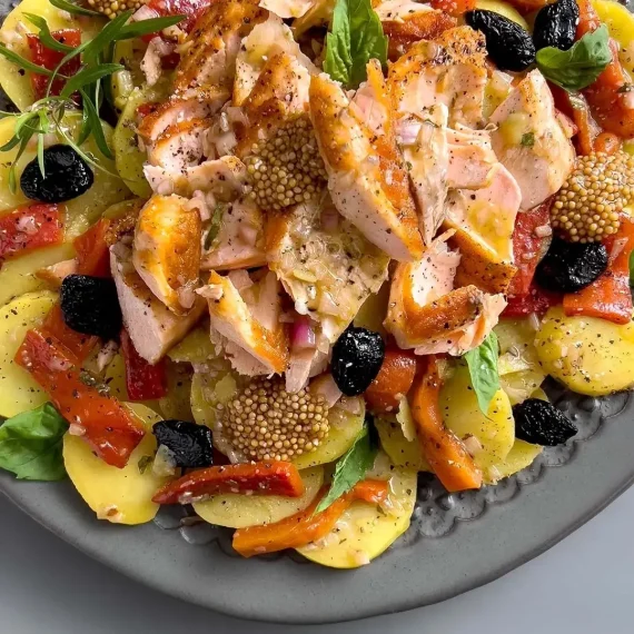 Potato, Roasted Red Pepper, and Salmon Salad with Pickled Mustard Seeds