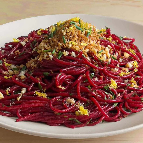 Scarlet Speghetti with Anchovies, Walnuts and Cripsy Breadcrumbs